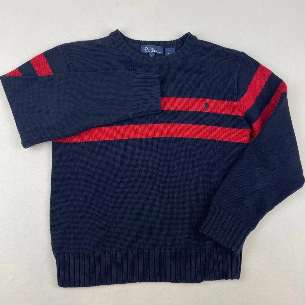 Polo Ralph Lauren Kids Navy Blue Red Striped Cotton Knit Crewneck Sweater Small